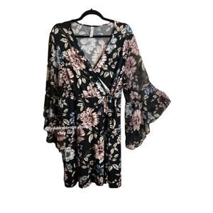 PER SEPTION CONCEPT Dress Plus Size 2X Black Floral Faux Wrap Style